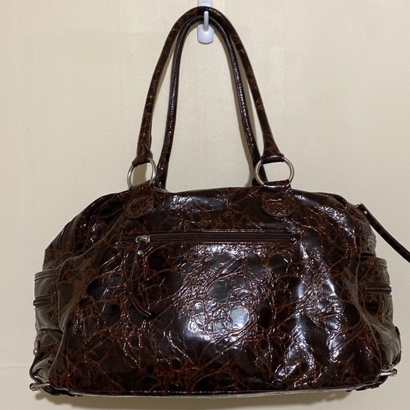 Chenson Brown Leather Patent Faux Croc Pattern Double Zipper Handbag - Picture 3 of 16